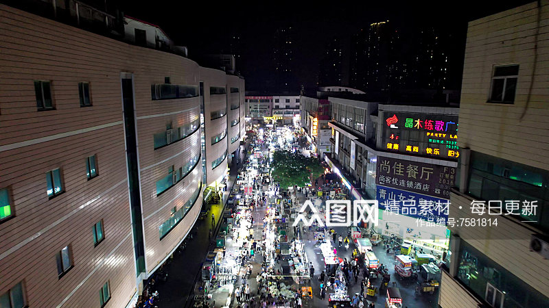 河北邯郸夜市步行街夜景人流航拍素材