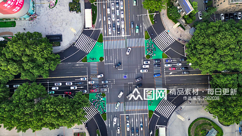 俯拍城市十字交叉路口交通拥堵交通车辆行驶素材