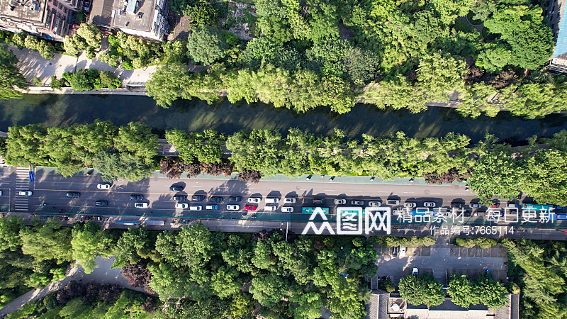 俯拍城市大道绿化植物交通车辆素材