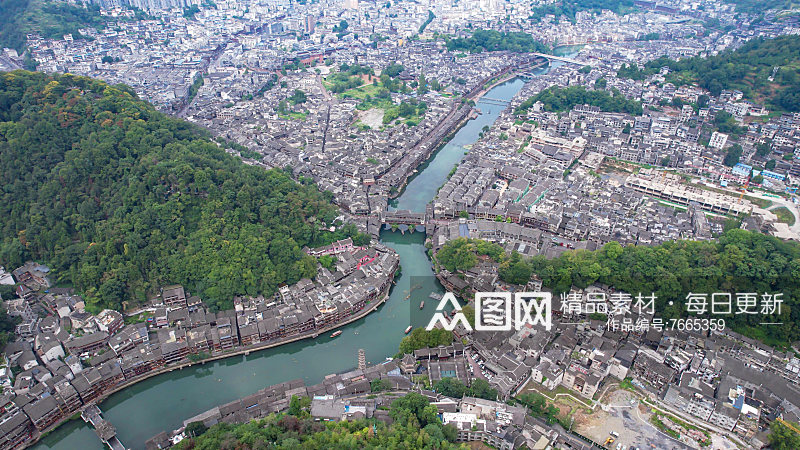 湖南湘西凤凰古城旅游景区航拍图素材