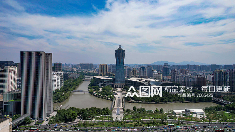杭州西湖广场地标建筑航拍素材