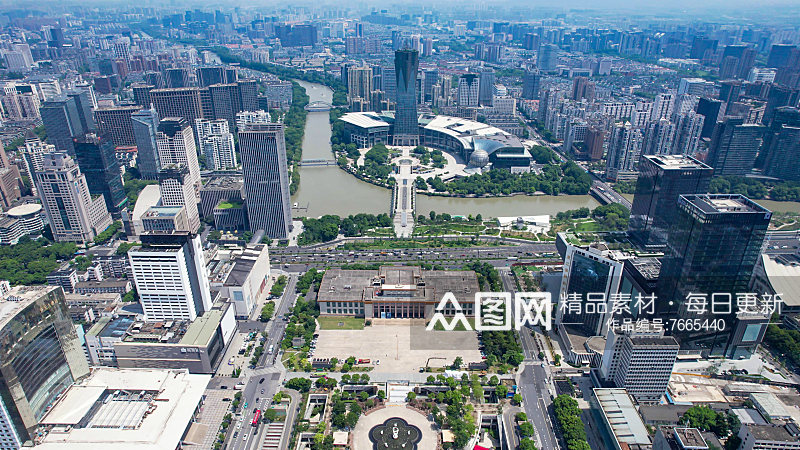 杭州西湖广场地标建筑航拍素材