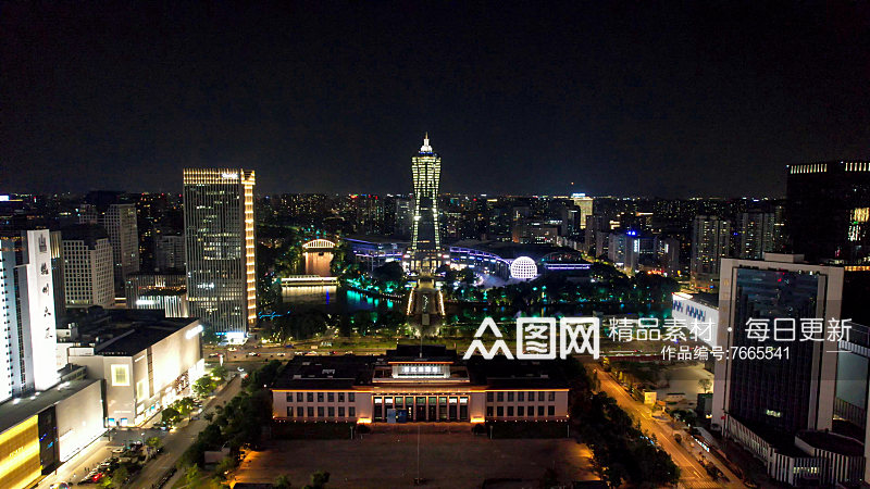 杭州城市夜景西湖广场航拍图素材