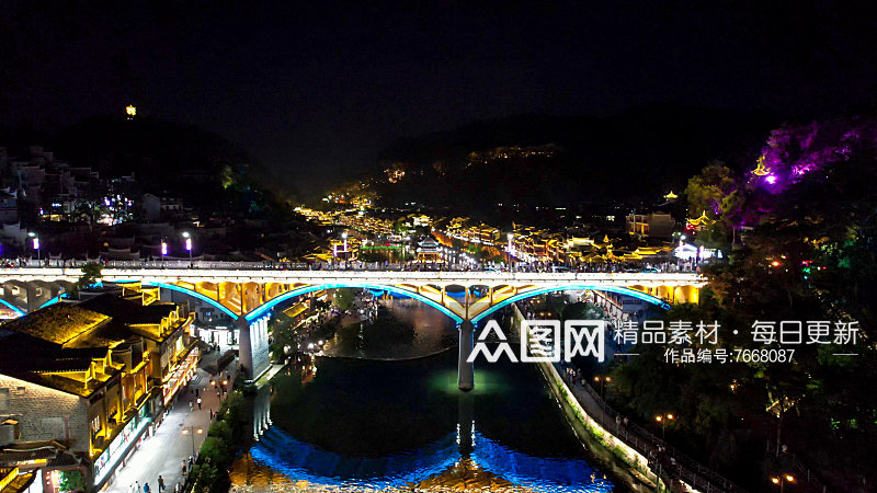 航拍湘西凤凰古城夜景灯光航拍图素材