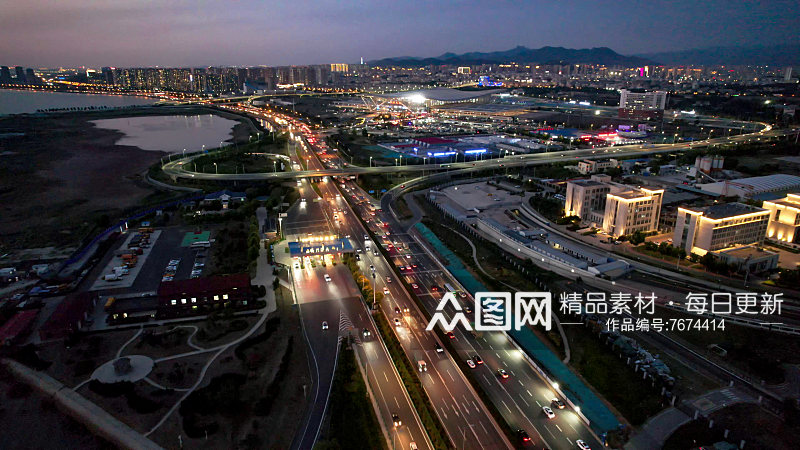 山东青岛城市夜幕降临夜景交通航拍素材