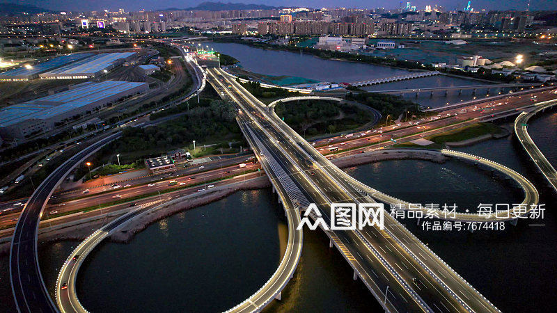 山东青岛城市夜幕降临夜景交通航拍素材