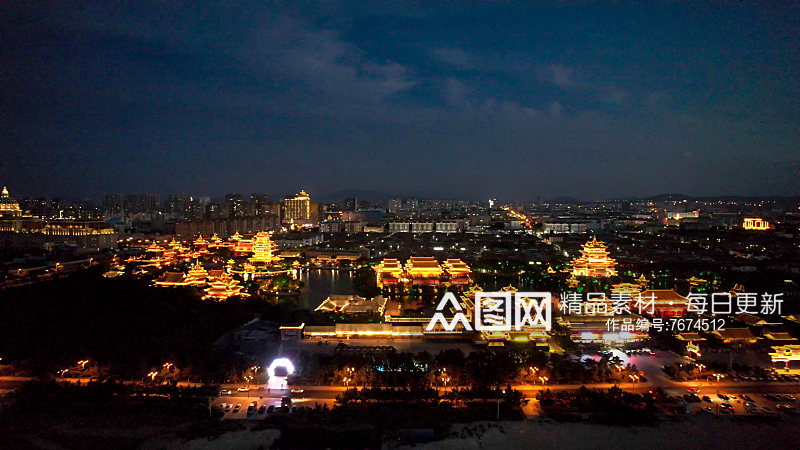 山东蓬莱阁八仙过海三仙山夜景灯光航拍图素材