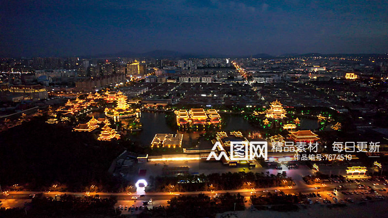 山东蓬莱阁八仙过海三仙山夜景灯光航拍图素材