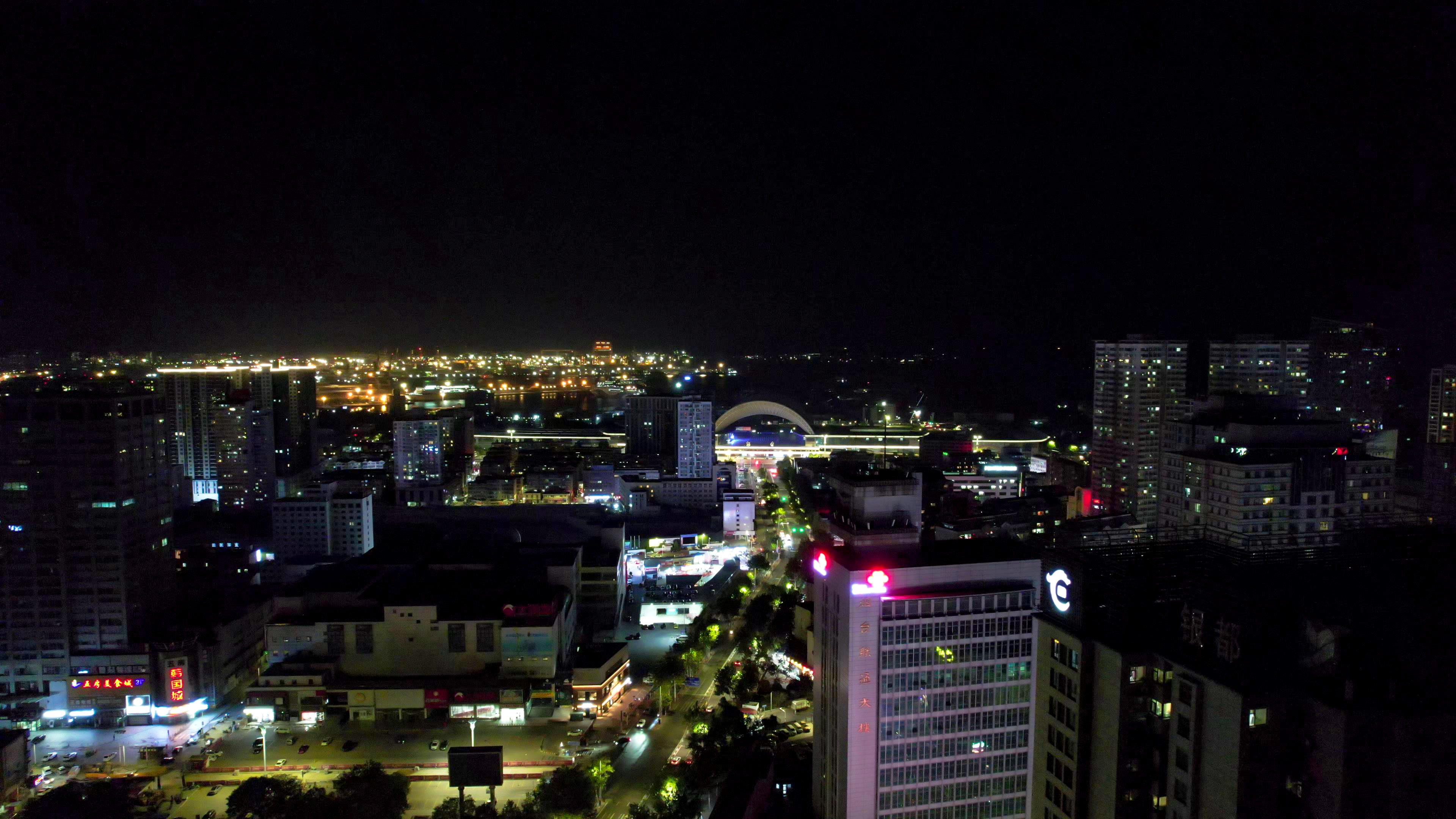 山东烟台城市夜景航拍素材