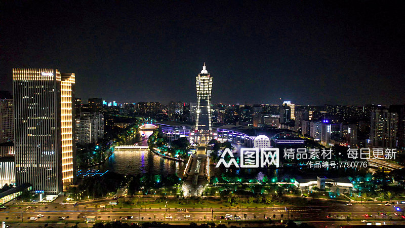 浙江杭州西湖文化广场夜景灯光航拍素材