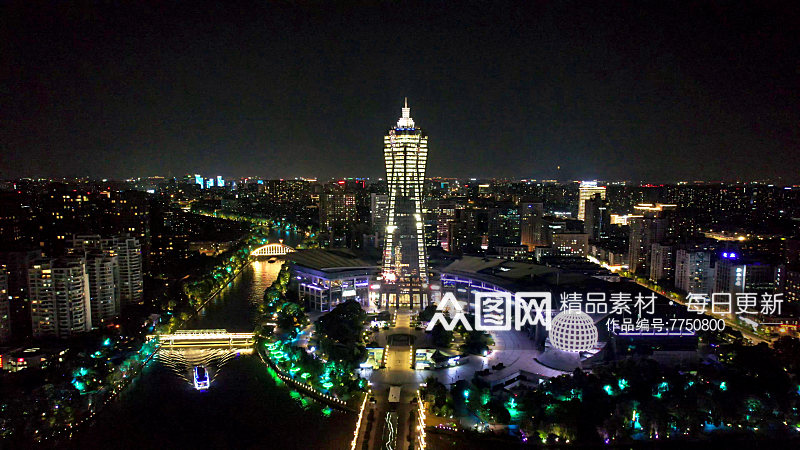 浙江杭州西湖文化广场夜景灯光航拍图素材