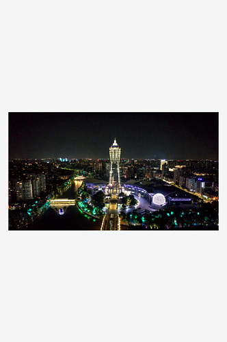 浙江杭州西湖文化广场夜景灯光航拍图
