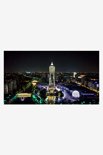 浙江杭州西湖文化广场夜景灯光航拍图