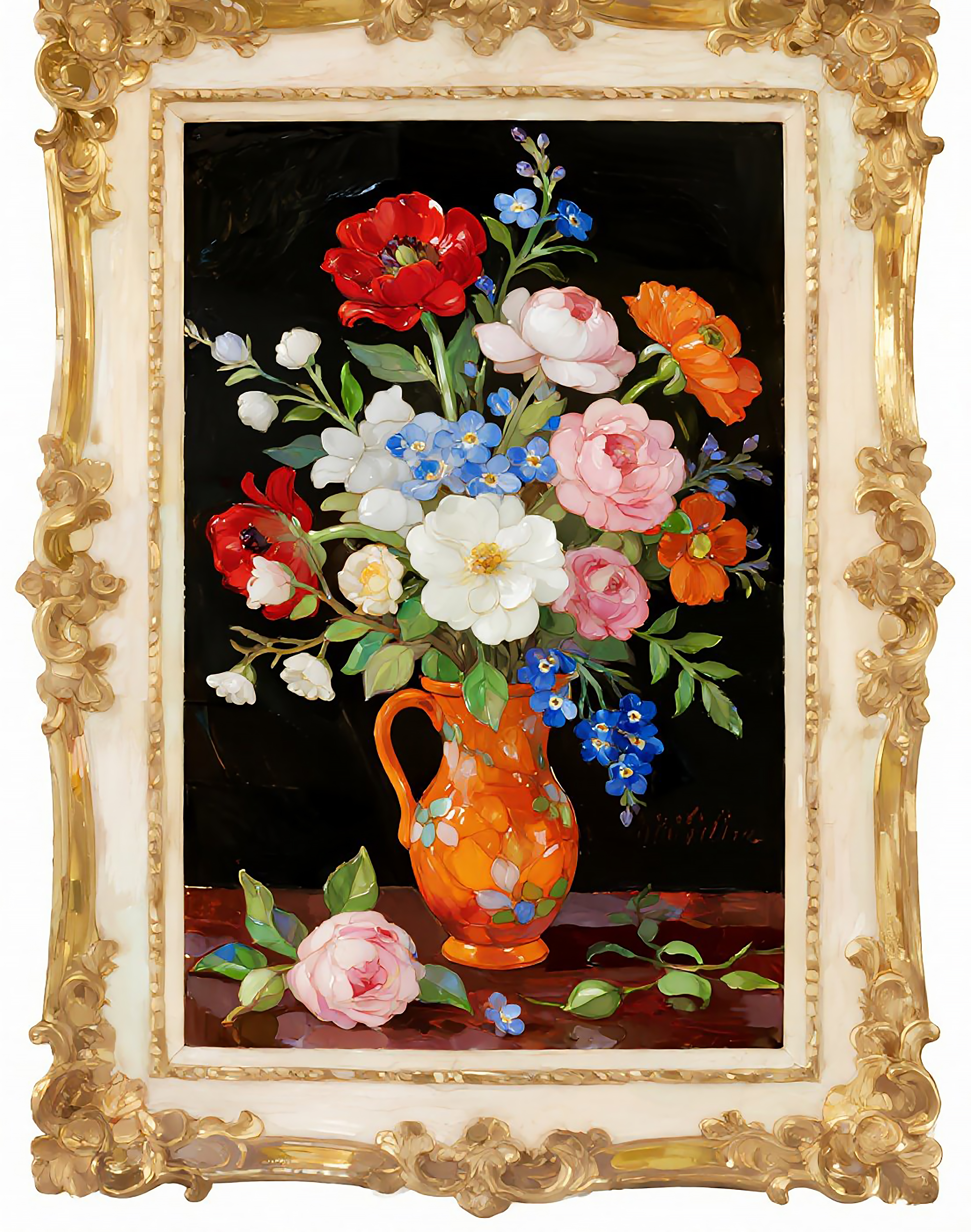 彩色陶瓷盛放的多种花卉油画素材