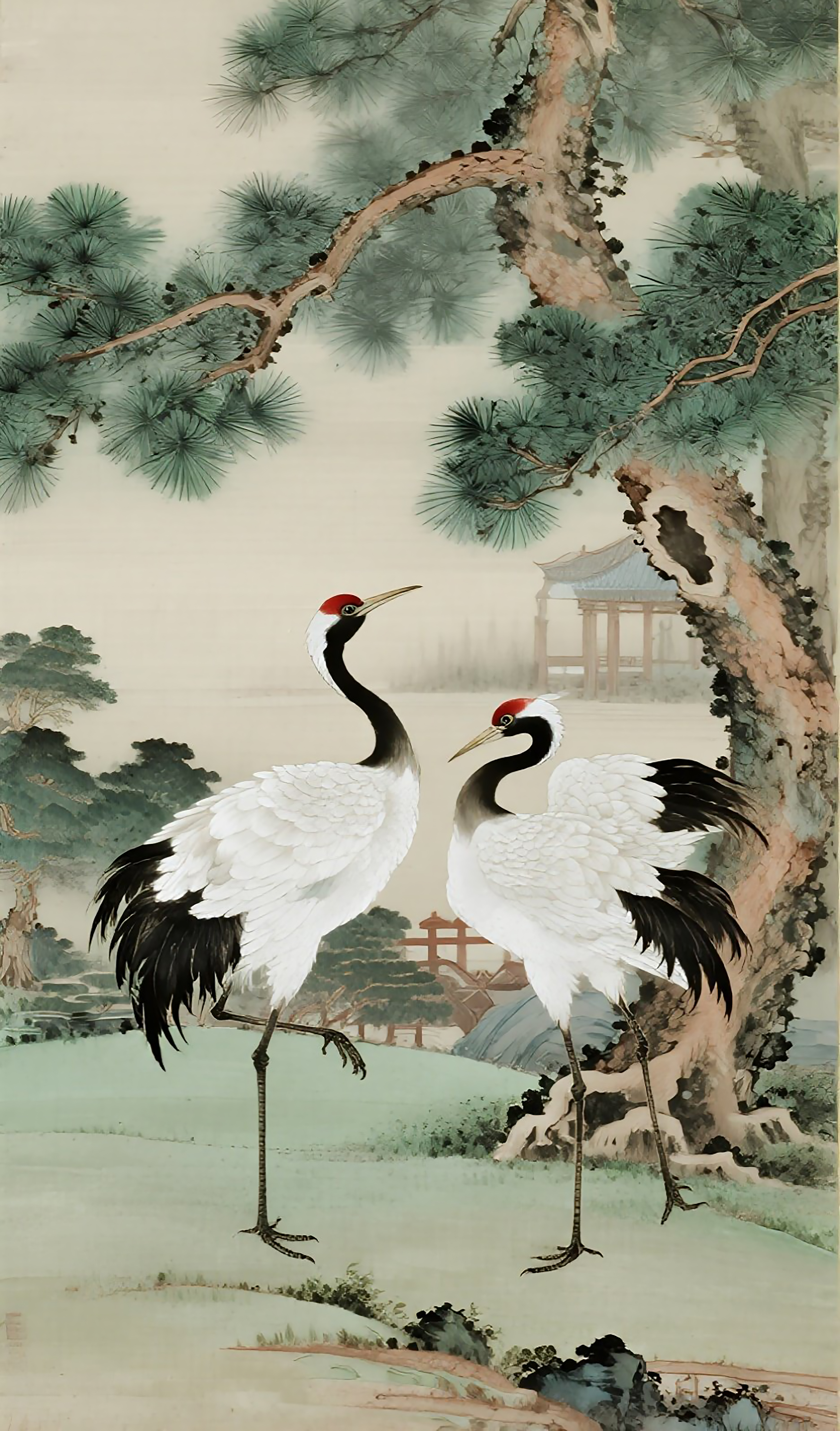 古风青绿山水青松丹顶鹤图片素材