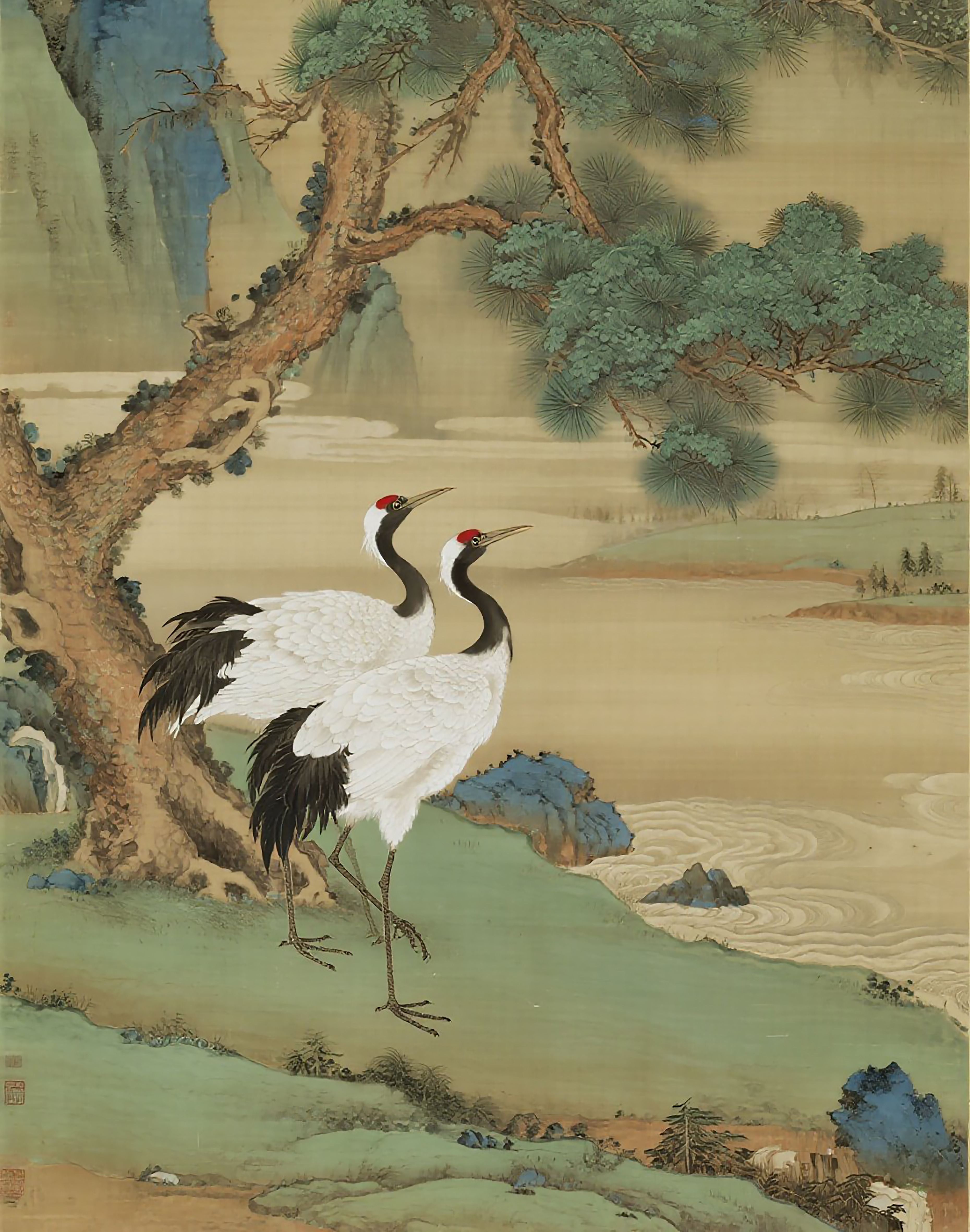 古风山水青松丹顶鹤风景画素材
