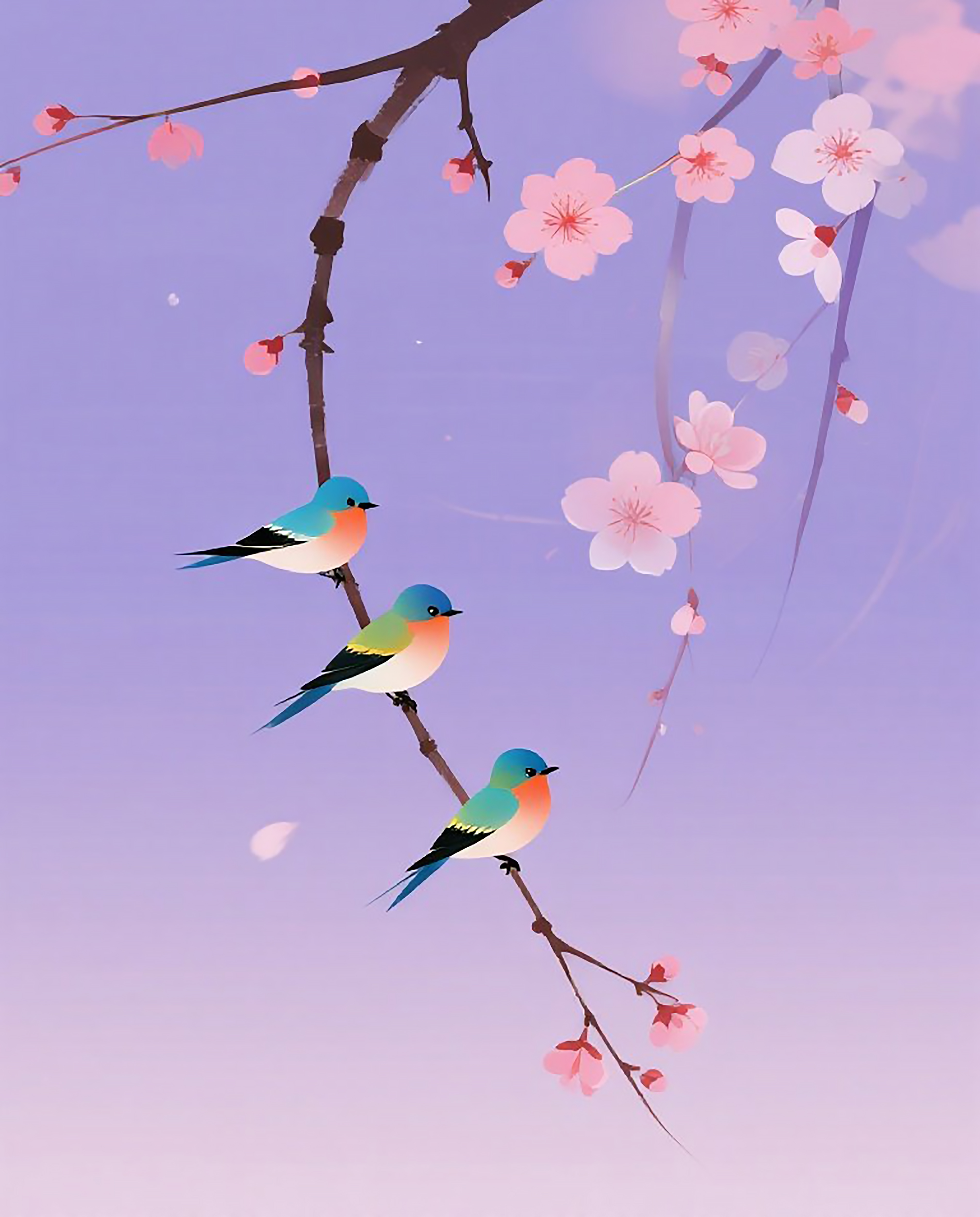 三只小鸟在树枝上欢叫雀跃插画素材