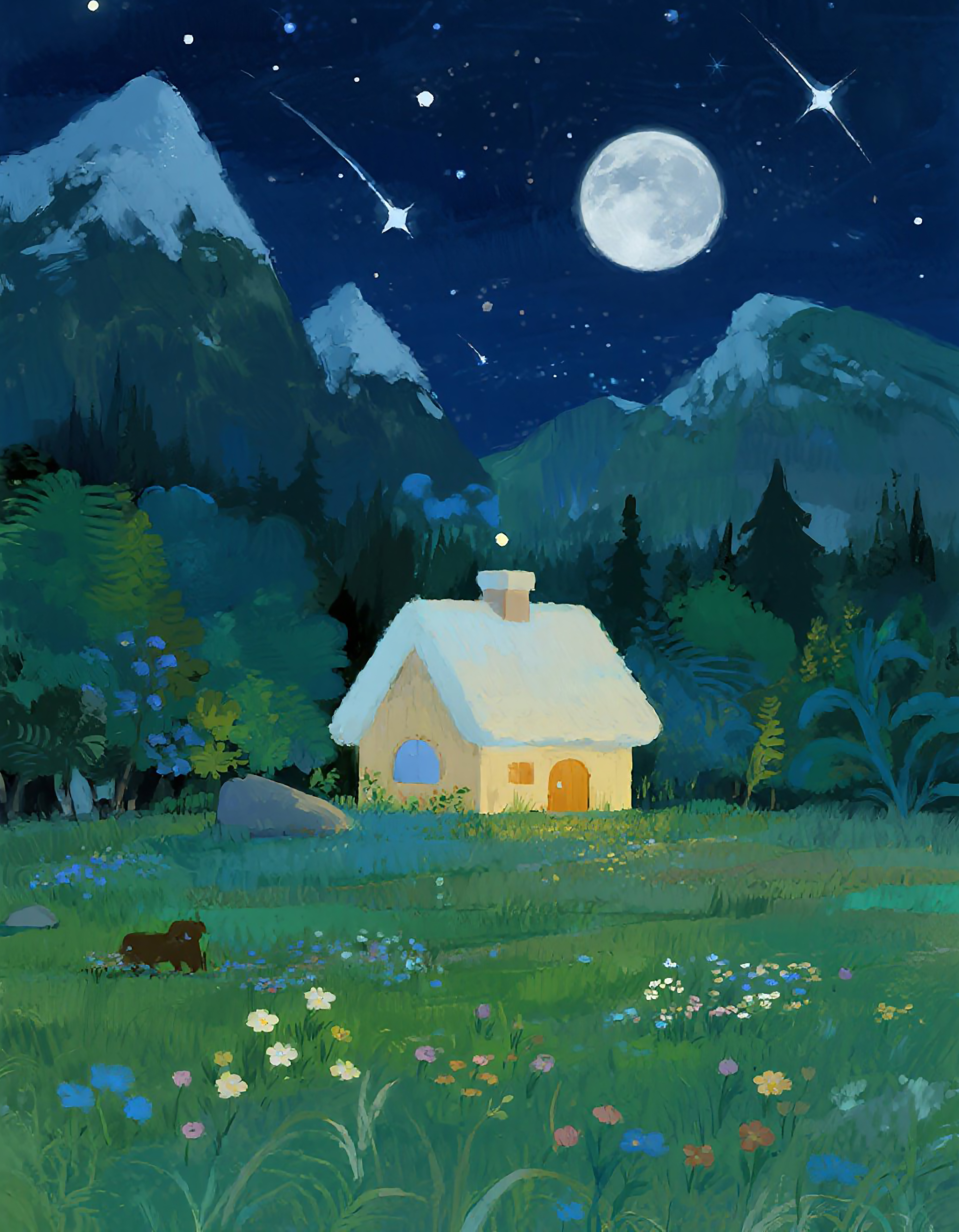山林小屋草地风景画图片素材