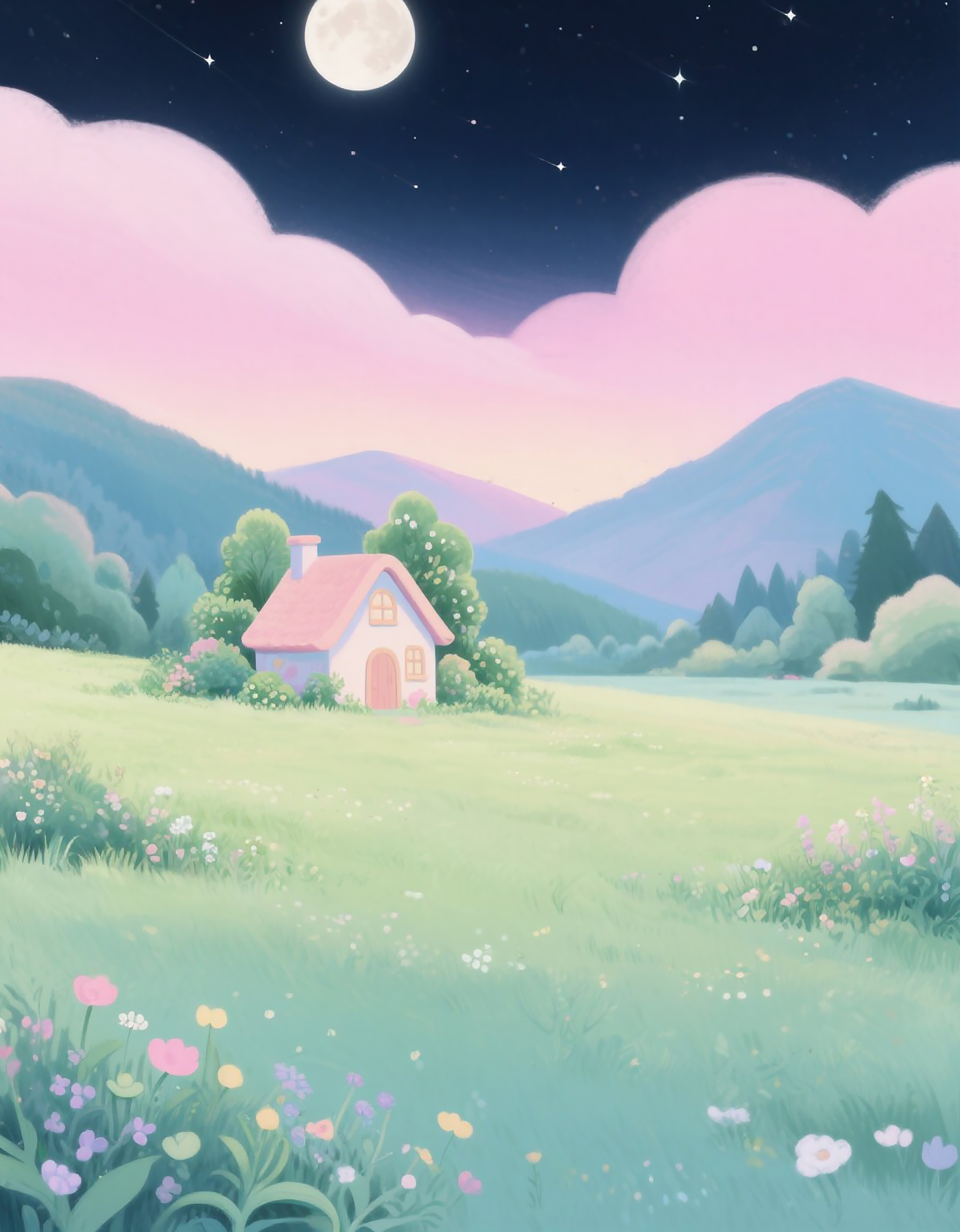山林小屋草地风景画图片素材素材