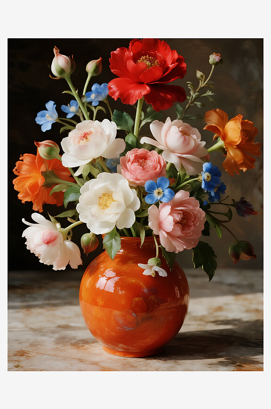 彩色陶瓷玻璃盛放的多种花卉-众图网