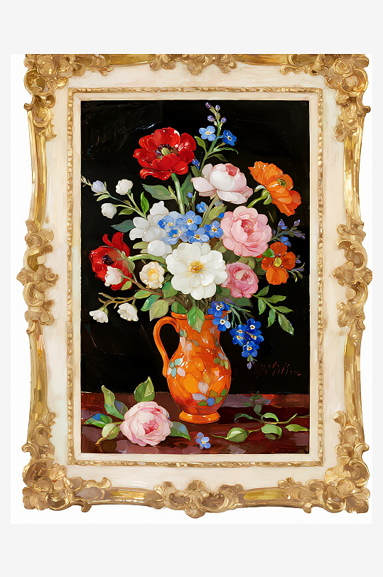 彩色陶瓷盛放的多种花卉油画-众图网