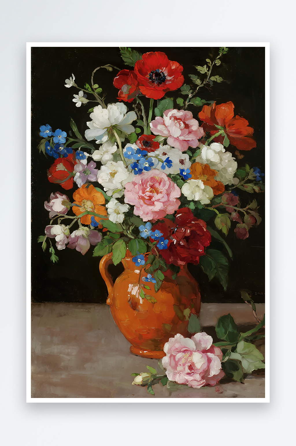 彩色陶瓷盛放的多种花卉油画素材