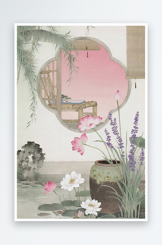 江南园林粉色荷花场景插画