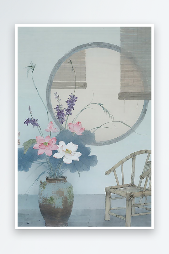 江南园林粉色荷花场景插画