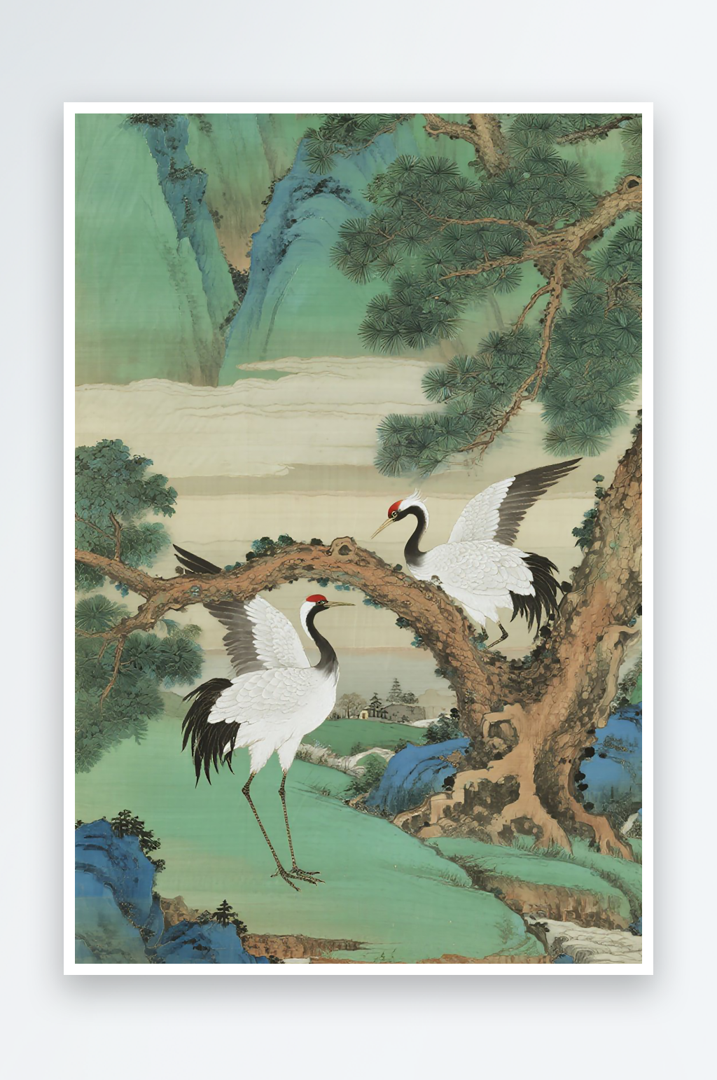 古风青绿山水青松丹顶鹤图片素材