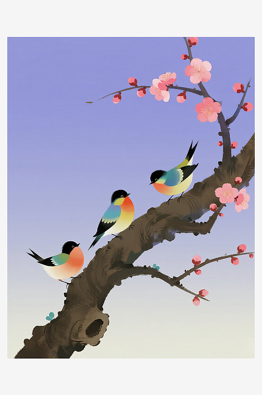 三只小巧玲珑的小鸟在树枝上欢叫雀跃