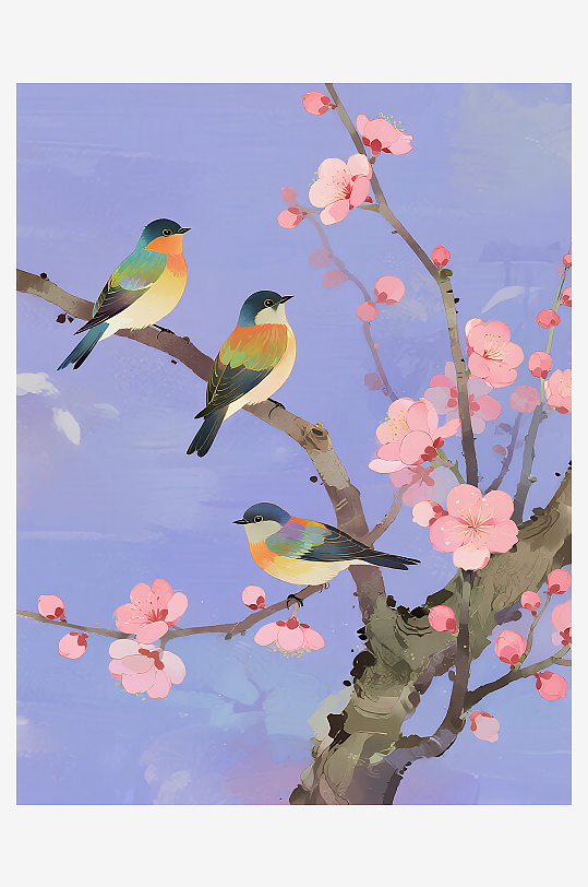 三只小巧玲珑的小鸟在树枝上欢叫雀跃