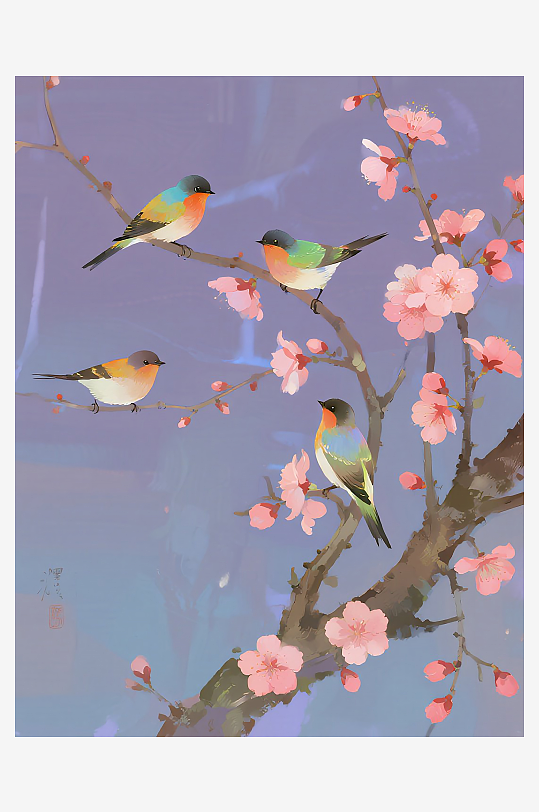 三只小巧玲珑的小鸟在树枝上欢叫雀跃