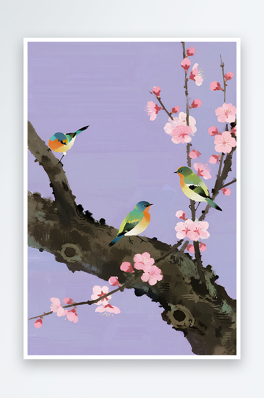 三只小巧玲珑的小鸟在树枝上欢叫雀跃