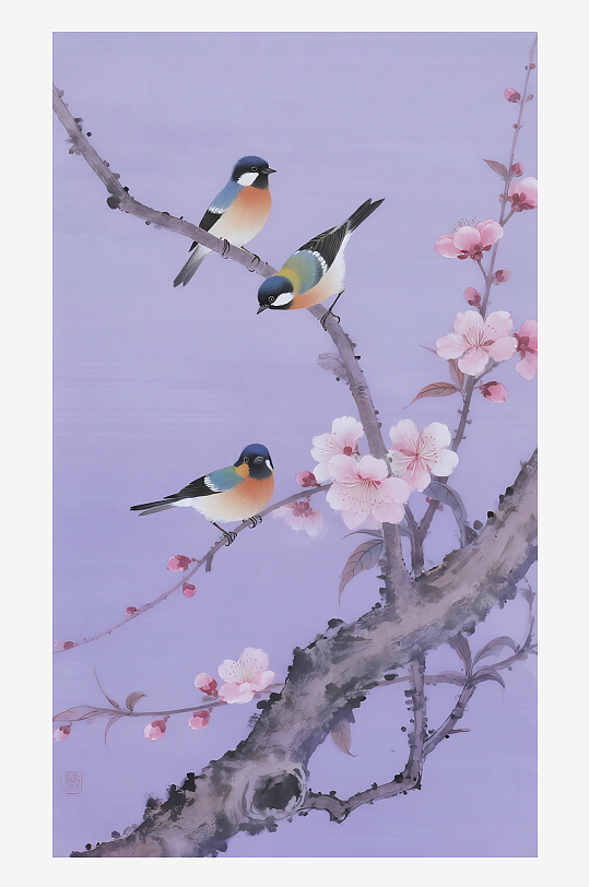 三只小巧玲珑的小鸟在树枝上欢叫雀跃