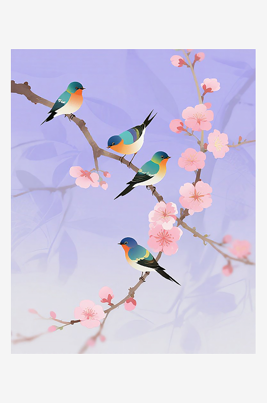 三只小巧玲珑的小鸟在树枝上欢叫雀跃