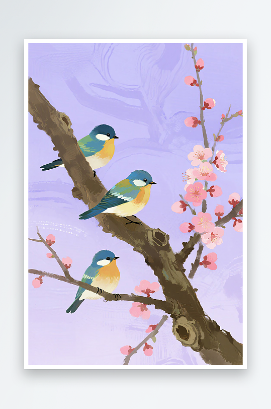 三只小巧玲珑的小鸟在树枝上欢叫雀跃