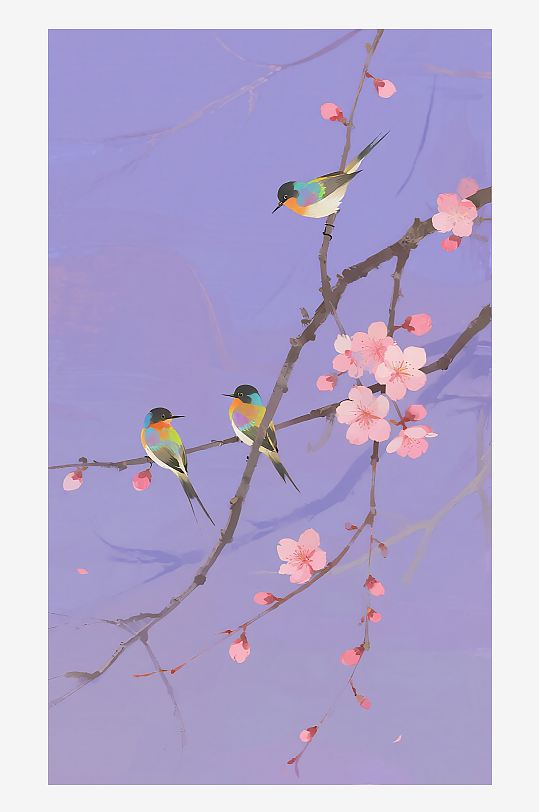 三只小巧玲珑的小鸟在树枝上欢叫雀跃