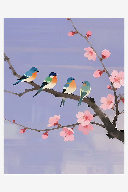 三只小巧玲珑的小鸟在树枝上欢叫雀跃