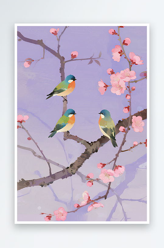 三只小巧玲珑的小鸟在树枝上欢叫雀跃