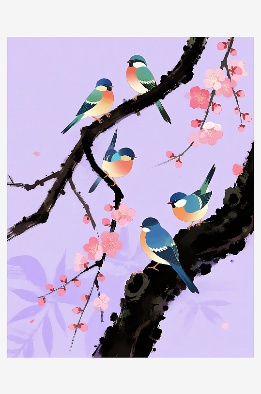 水彩三只小鸟在树枝上欢叫雀跃-众图网