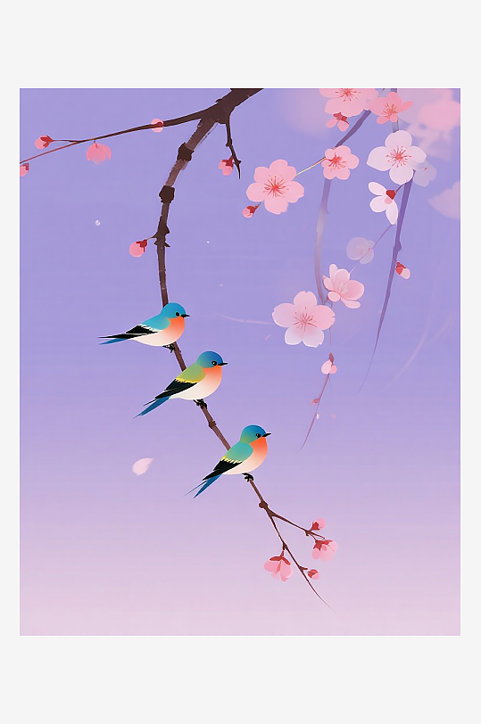 三只小鸟在树枝上欢叫雀跃插画