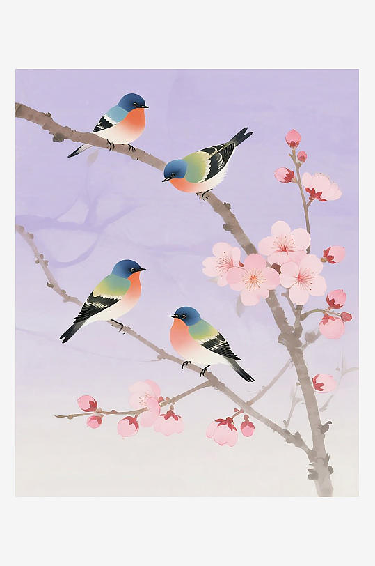 三只小鸟在树枝上欢叫雀跃插画