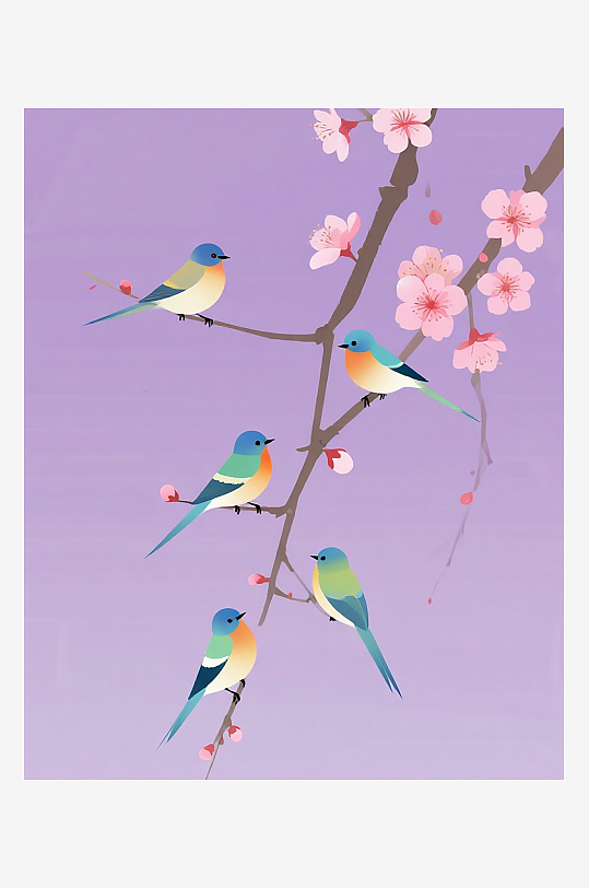 三只小鸟在树枝上欢叫雀跃插画