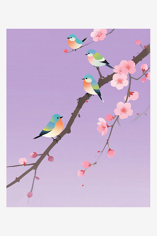 三只小鸟在树枝上欢叫雀跃插画图片