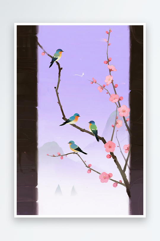 三只小鸟在树枝上欢叫雀跃插画-众图网