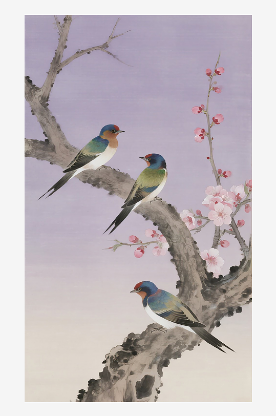 三只小鸟在树枝上欢叫雀跃插画图片-众图网