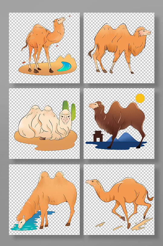 沙漠绿洲骆驼动物元素插画-众图网