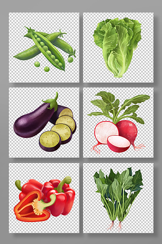 生菜茄子菠菜萝卜彩椒豌豆卡通蔬菜元素插画