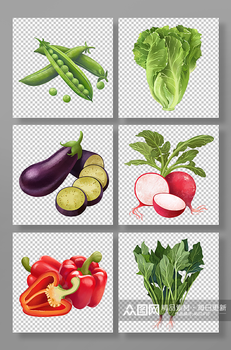 生菜茄子菠菜萝卜彩椒豌豆卡通蔬菜元素插画素材