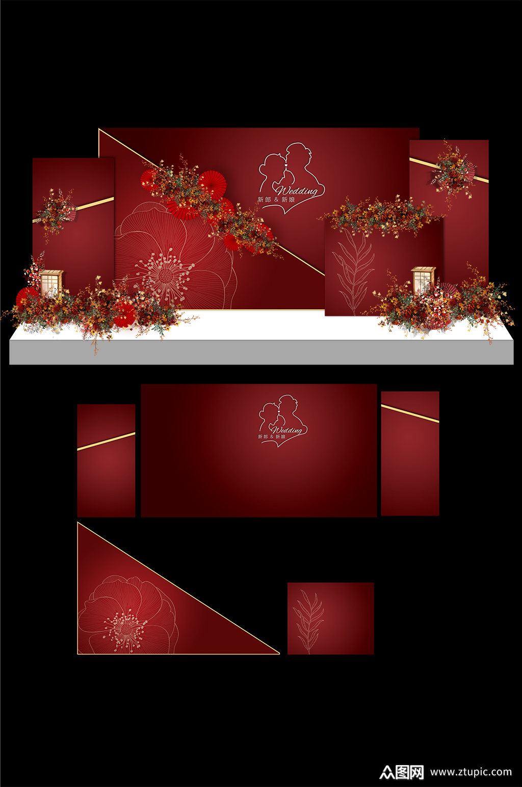 红色新中式婚礼kt板素材